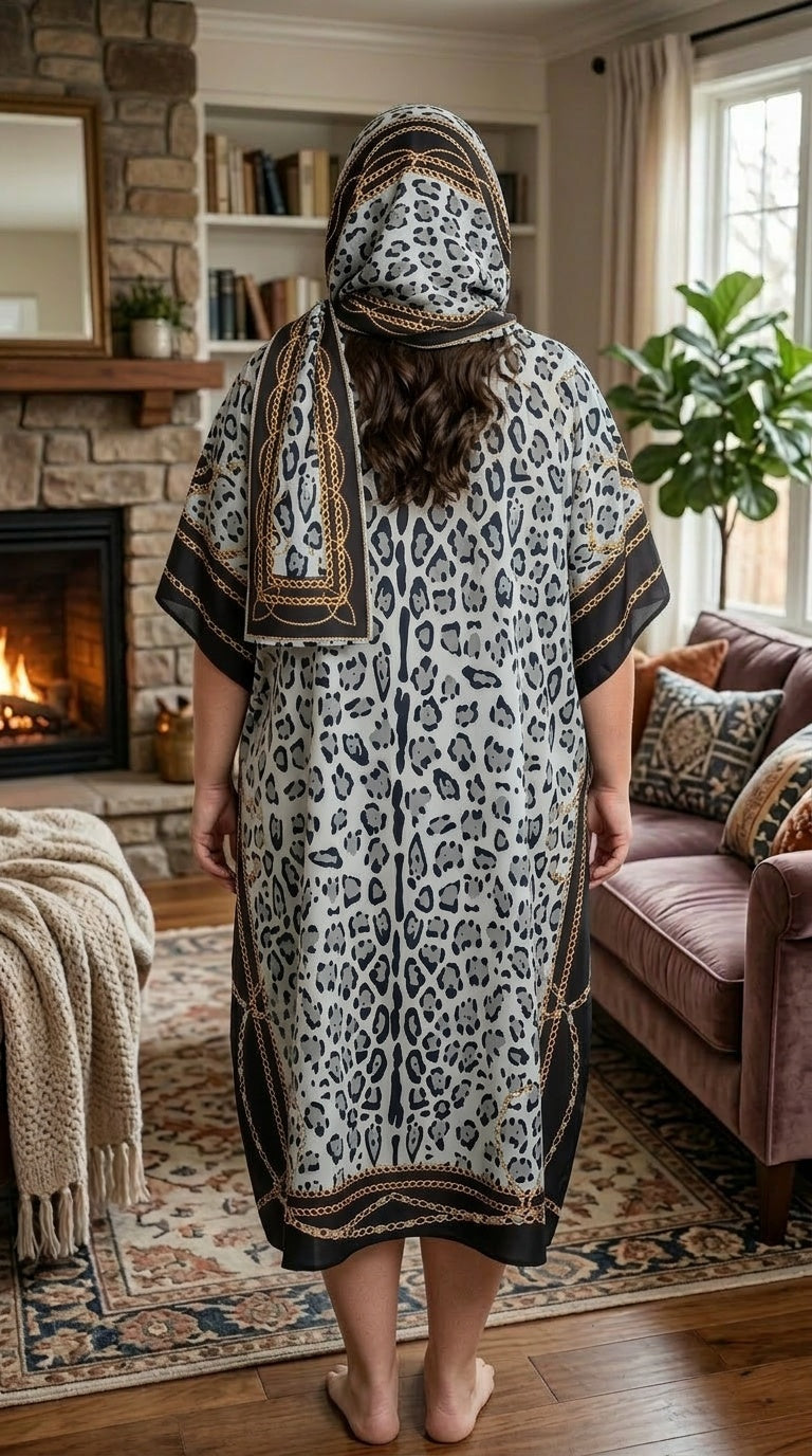 Grey Leopard Print Polyester Women Plus Size Kaftan with Scarf