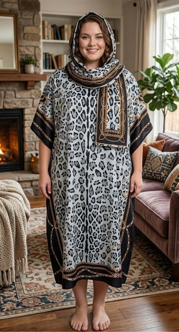 Grey Leopard Print Polyester Women Plus Size Kaftan with Scarf