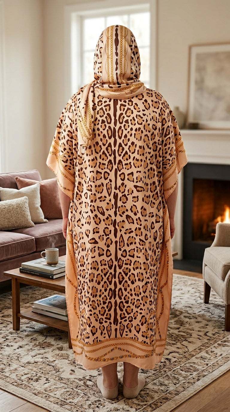 Beige Leopard Print Polyester Women Plus Size Kaftan with Scarf