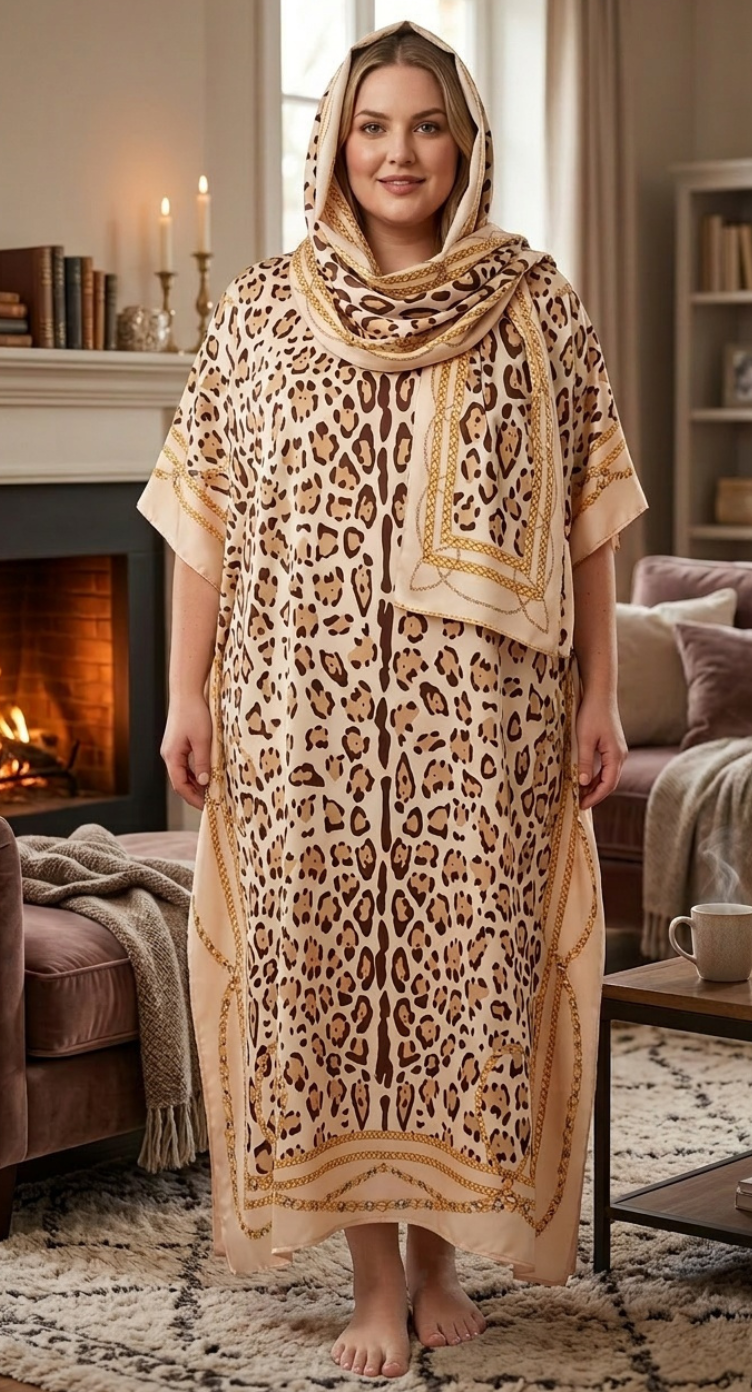Beige Leopard Print Polyester Women Plus Size Kaftan with Scarf