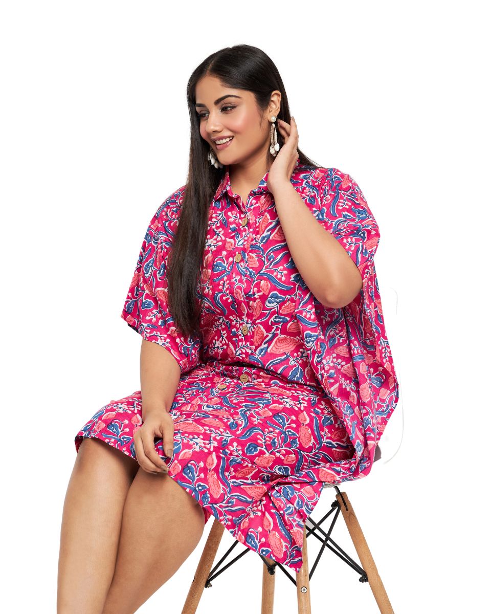 Floral Printed Rani Pink Cotton Front Button Tunic For Plus Size Women