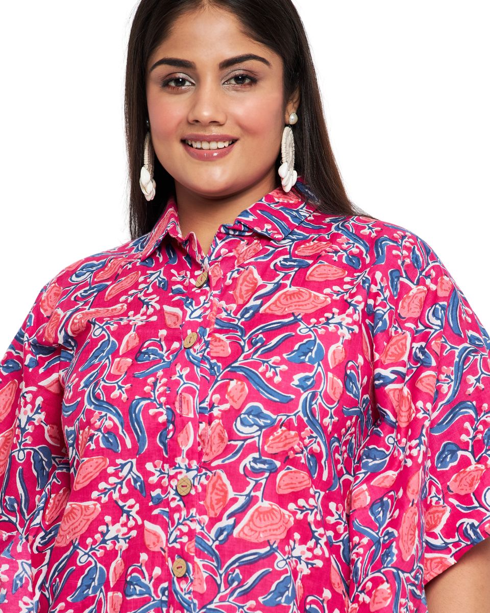 Floral Printed Rani Pink Cotton Front Button Tunic For Plus Size Women