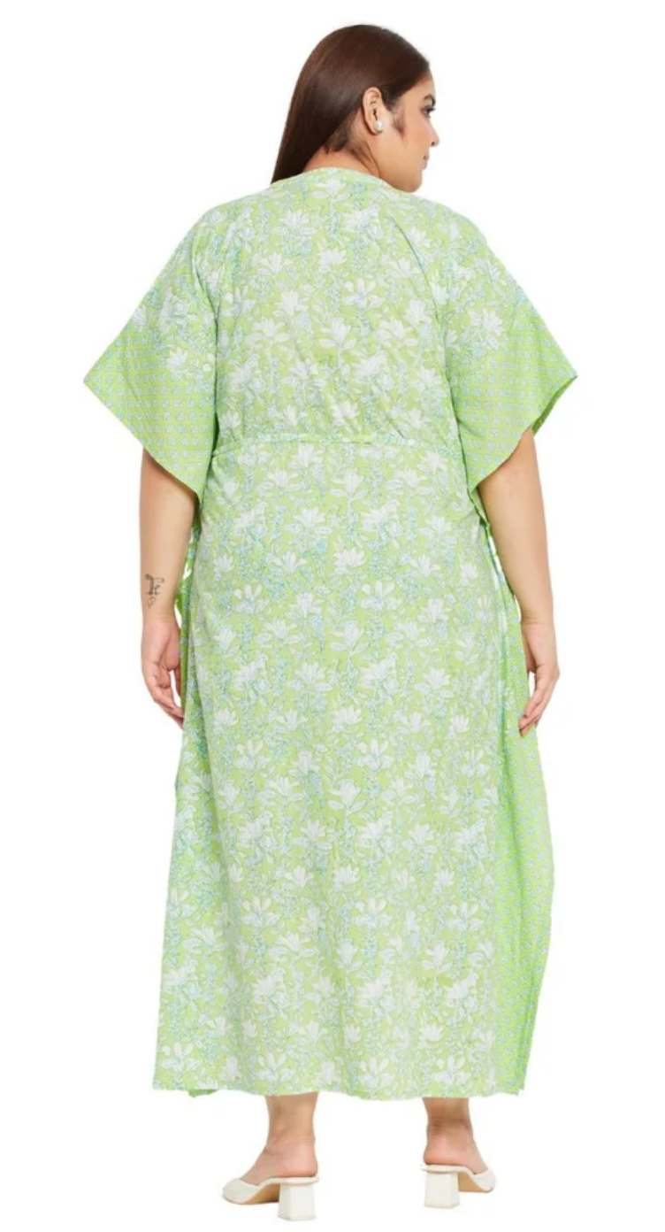 GypsieBlu Green Floral Plus Size Cotton Kaftan Dress for Women 3/4 Sleeve 1X-3X