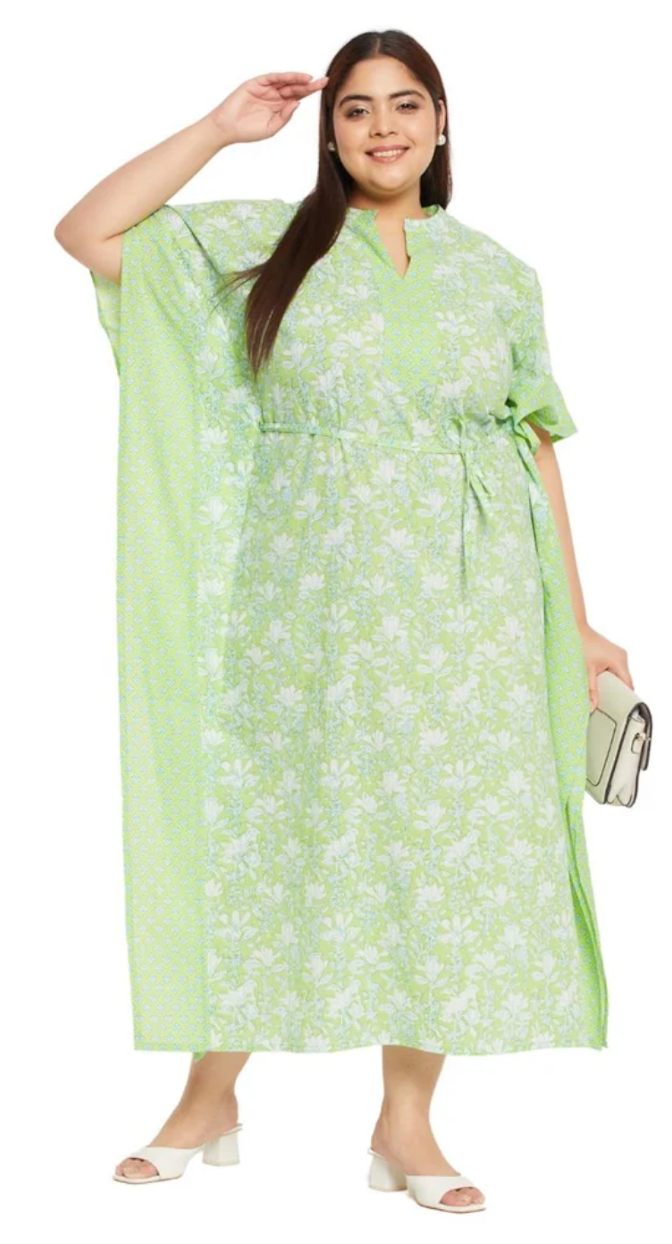GypsieBlu Green Floral Plus Size Cotton Kaftan Dress for Women 3/4 Sleeve 1X-3X