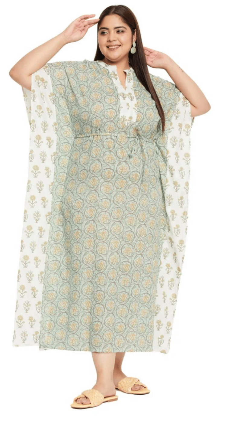 GypsieBlu Sea Green Plus Size Cotton Kaftan Dress for Women 3/4 Sleeve 1X-3X