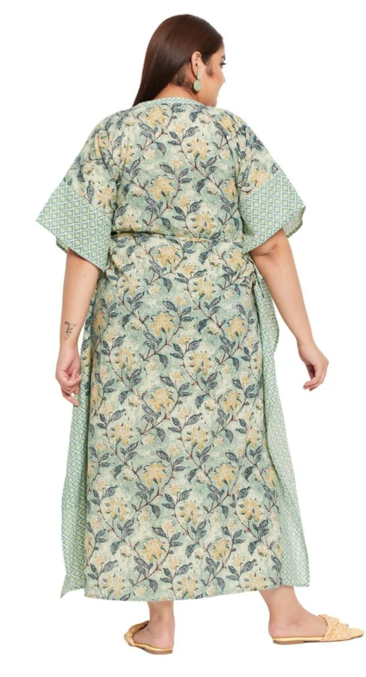 GypsieBlu Green Floral Plus Size Cotton Kaftan Dress for Women 3/4 Sleeve 1X-3X