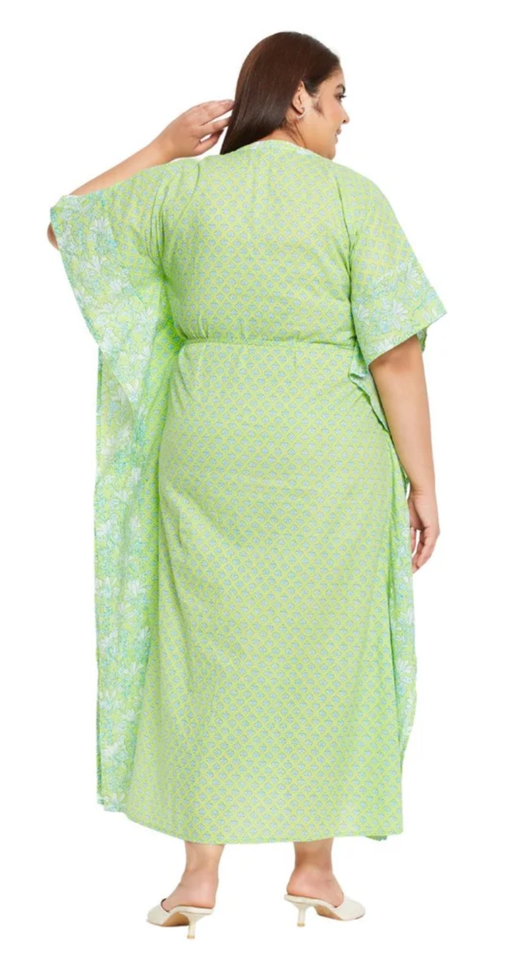 GypsieBlu Neon Green Floral Plus Size Cotton Kaftan Dress for Women 3/4 Sleeve 1X-3X