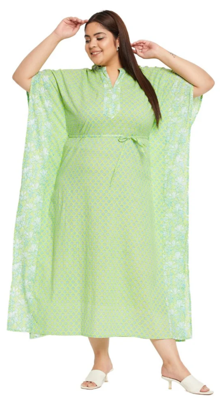 GypsieBlu Neon Green Floral Plus Size Cotton Kaftan Dress for Women 3/4 Sleeve 1X-3X