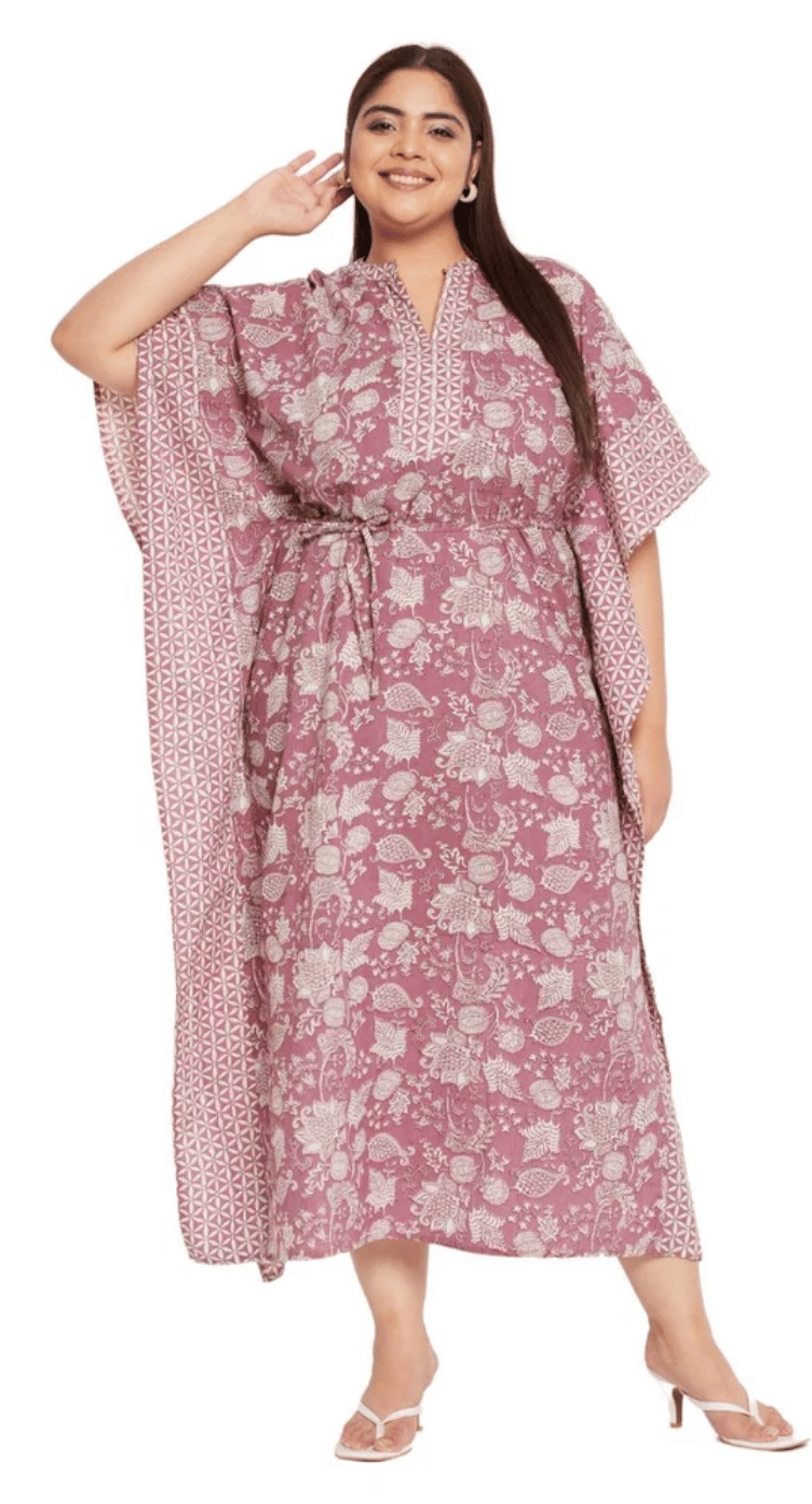 GypsieBlu Bronze Floral Plus Size Cotton Kaftan Dress for Women 3/4 Sleeve 1X-3X