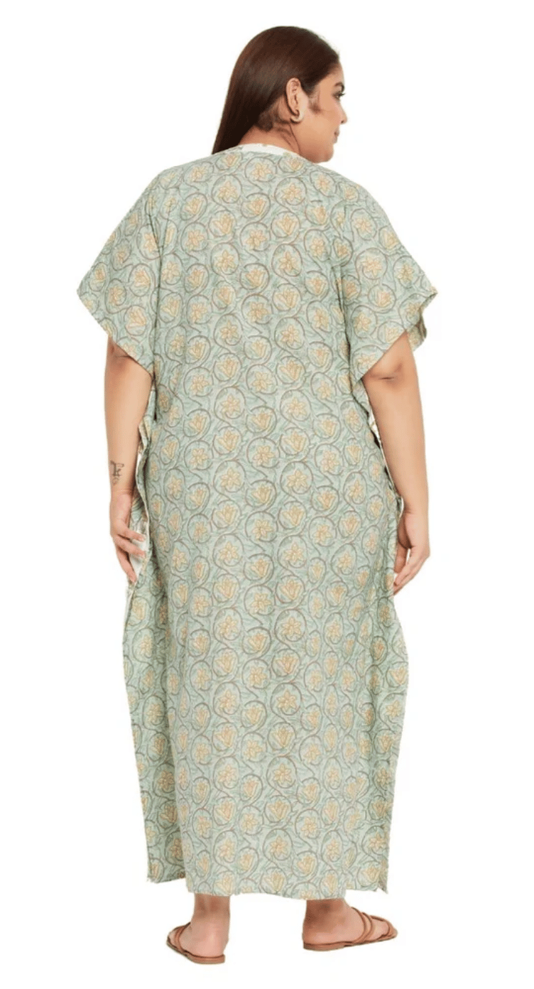 GypsieBlu Green Floral Plus Size Cotton Kaftan Dress for Women 3/4 Sleeve 1X-3X