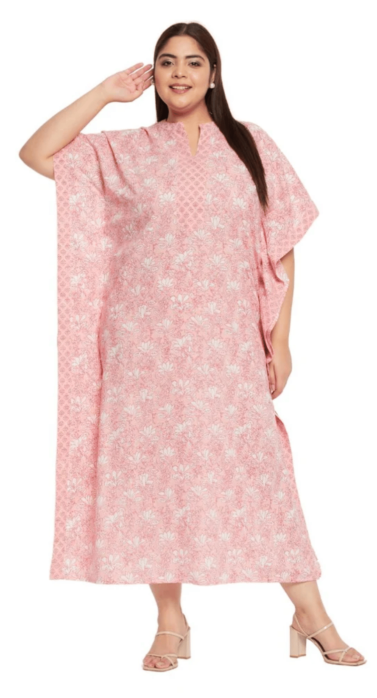 GypsieBlu Pink Floral Plus Size Cotton Kaftan Dress for Women 3/4 Sleeve 1X-3X