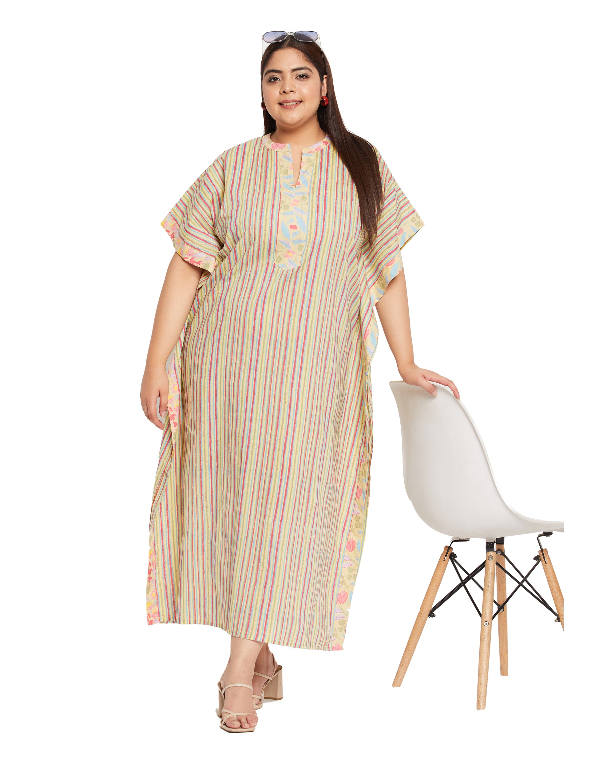 Yellow Striped Printed Cotton Boho Kaftan For Plus Size Women
