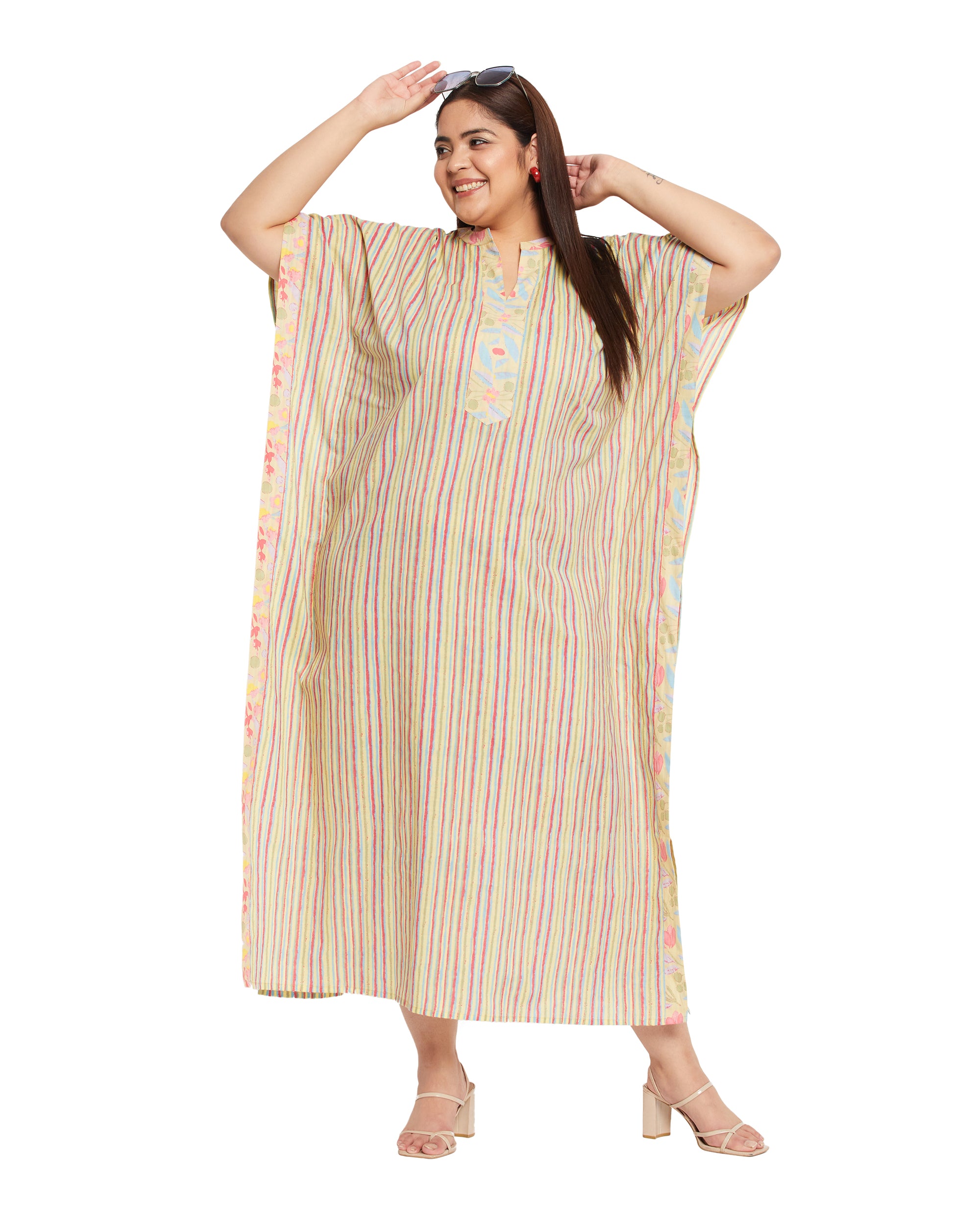Yellow Striped Printed Cotton Boho Kaftan For Plus Size Women