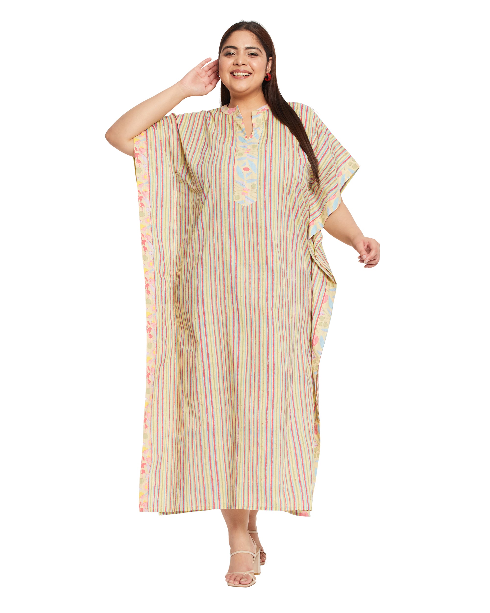 Yellow Striped Printed Cotton Boho Kaftan For Plus Size Women
