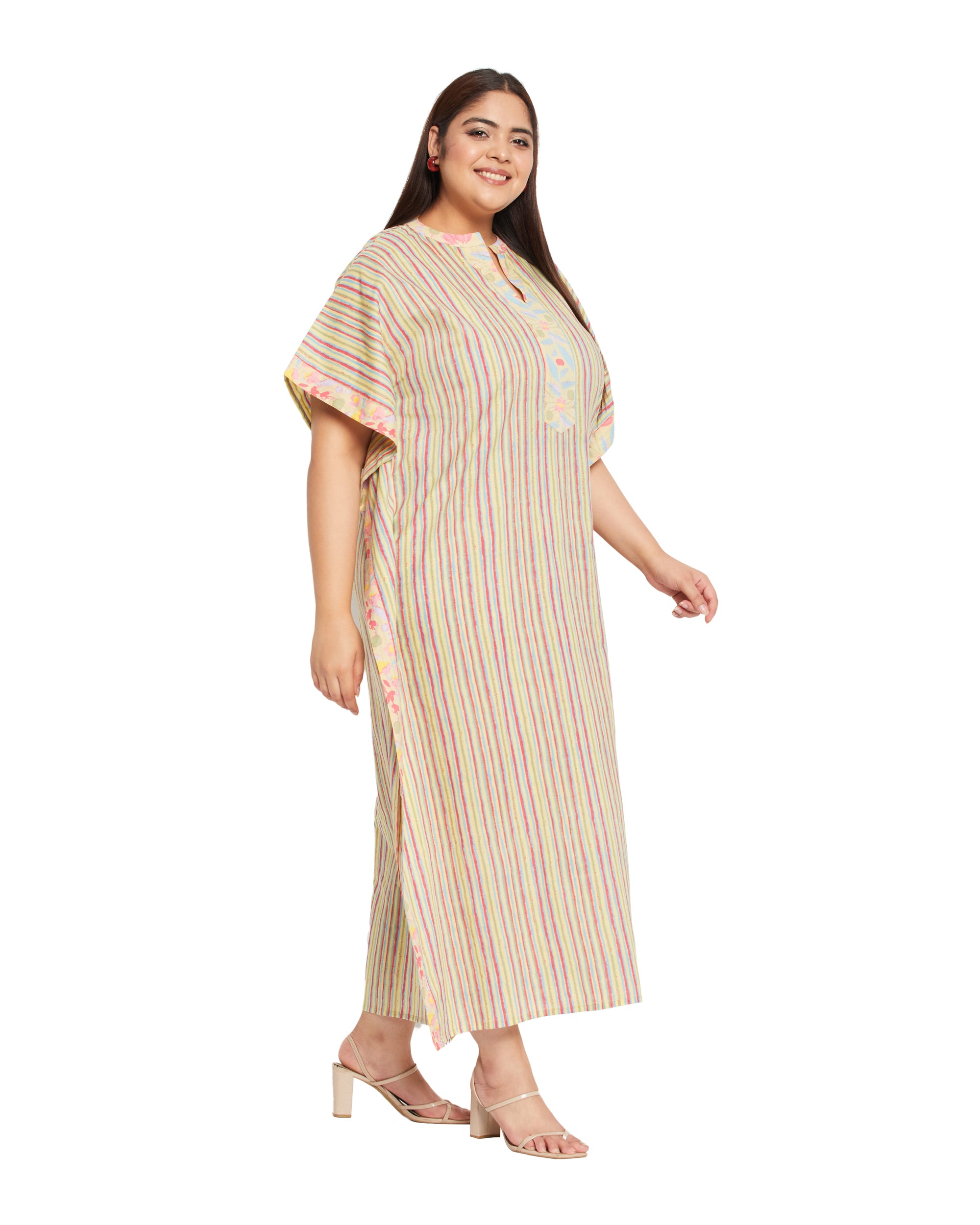 Yellow Striped Printed Cotton Boho Kaftan For Plus Size Women