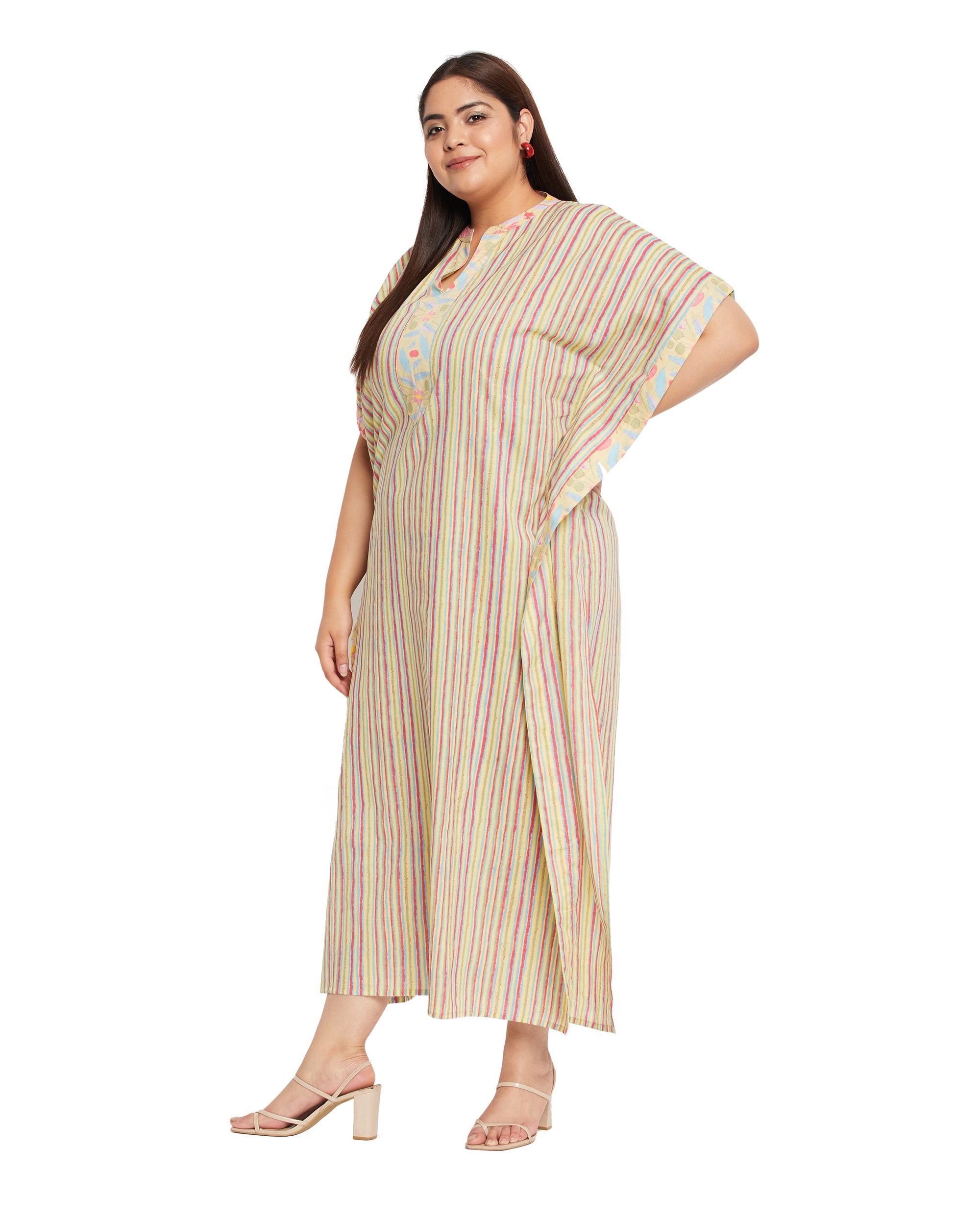 Yellow Striped Printed Cotton Boho Kaftan For Plus Size Women