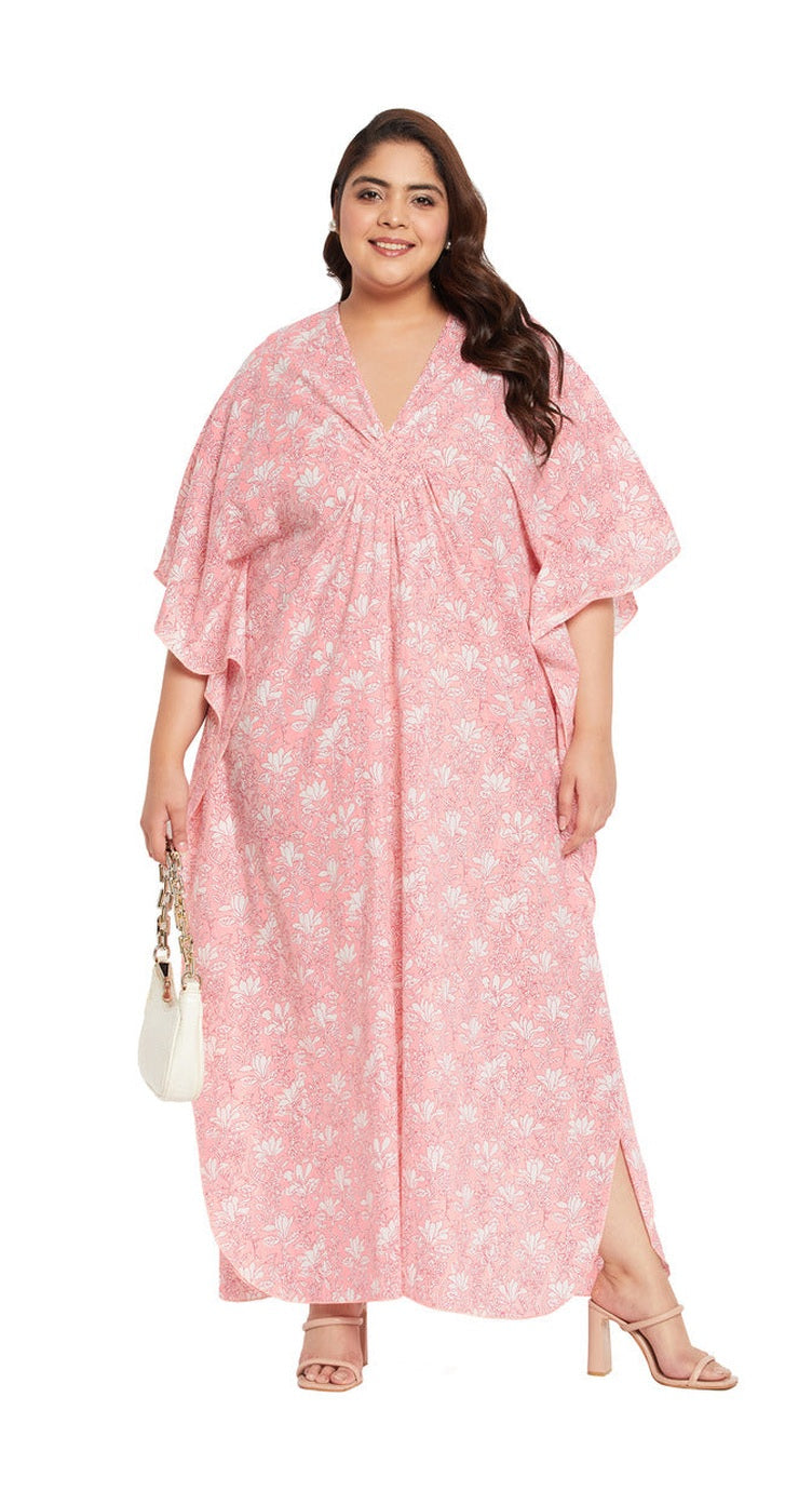 Floral Pink Cotton Plus Size Caftan Dress For Women - SKU KFT-1144-PNK - Gypsie Blu