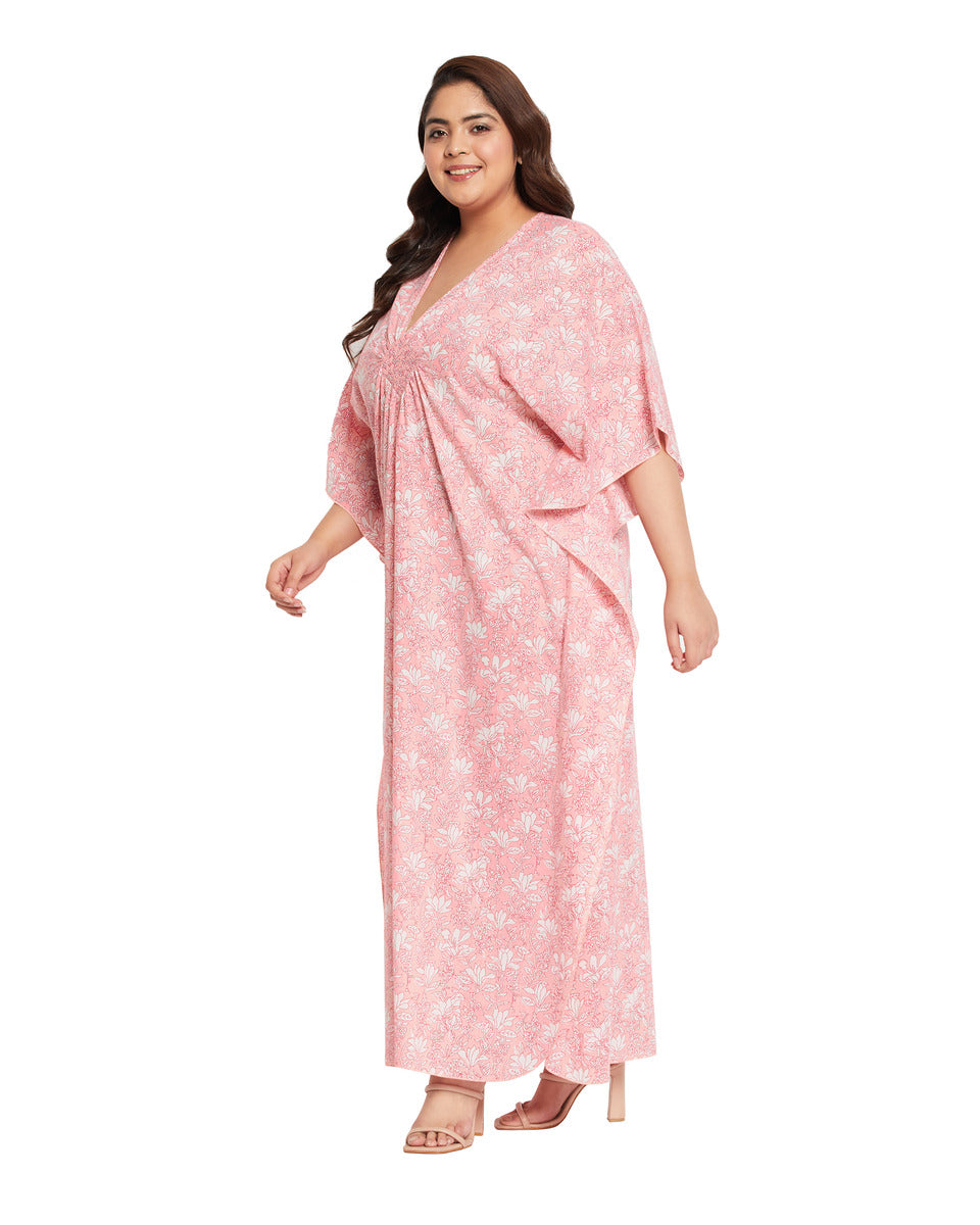 Floral Pink Cotton Plus Size Caftan Dress For Women