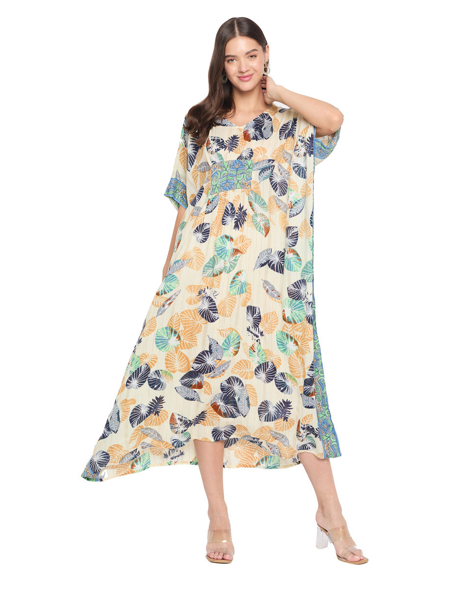 Leaf Print Multicolor Rayon Beach Wear Kaftan For Women