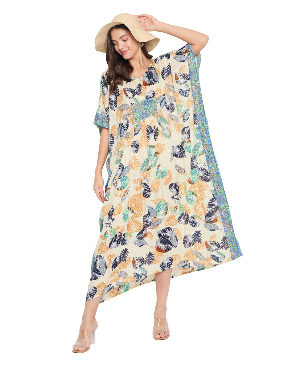 Leaf Print Multicolor Rayon Beach Wear Kaftan For Women