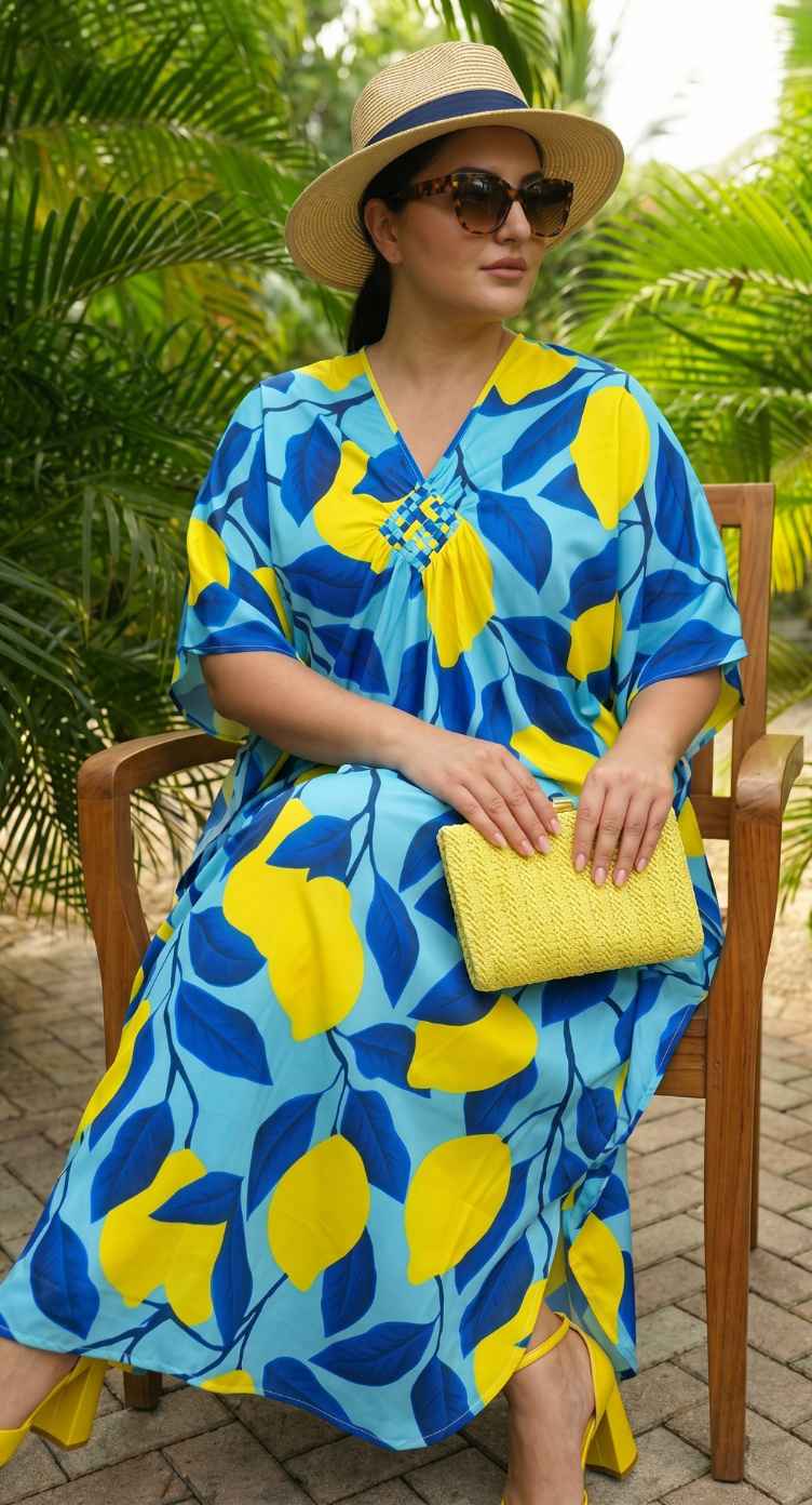 Sky Blue Leaf Print Polyester Women Plus Size Kaftan Vacation Dress 1X-3X