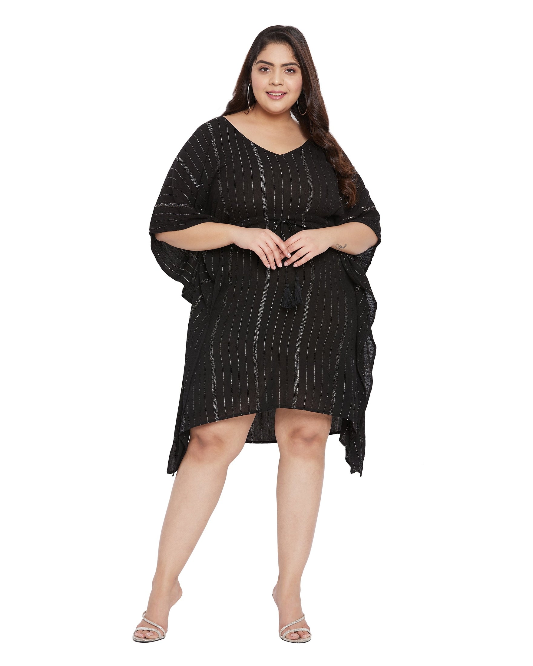 Lurex Stripe Black Short Tunic Dress for Plus Size Women