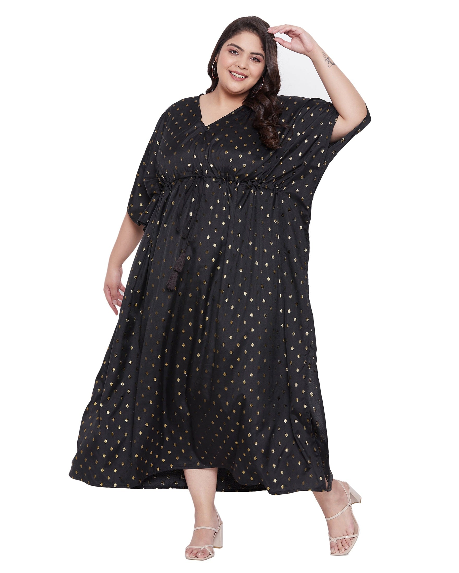 Solid Black Rayon With Lurex Polka Dot Plus Size Kaftan For Women