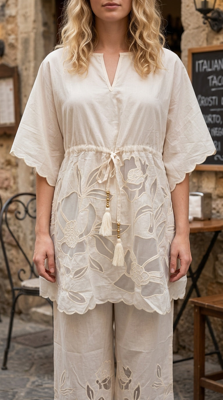 Women's Off White Cotton Cambric Boho Floral Cutwork Embroidered Summer Top