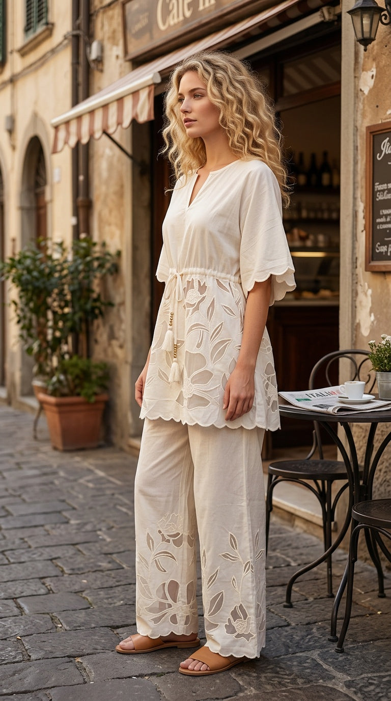 Women's Off White Cotton Cambric Floral Cutwork Embroidered Pants