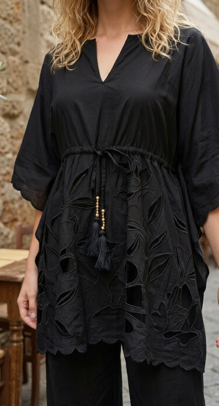 Women's Black Cotton Cambric Boho Floral Cutwork Embroidered Summer Top