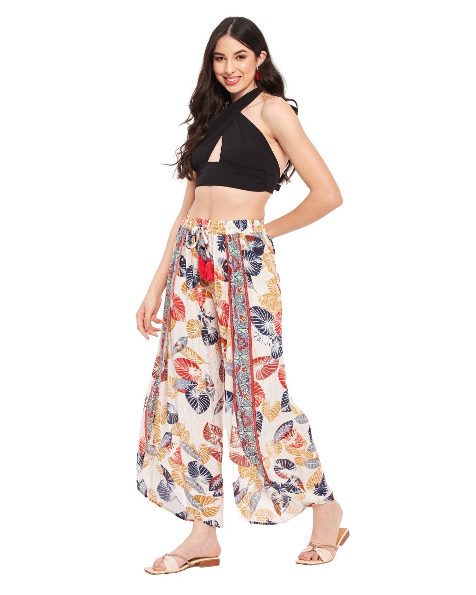 Leaf Print Multicolor Rayon Crepe Bottom Pants For Women