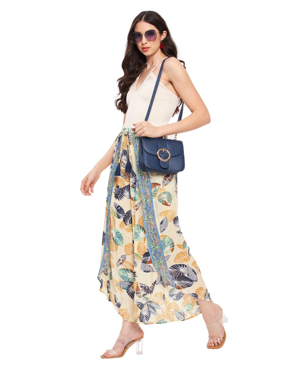 Leaf Printed White And Turquoise Rayon Crepe Bottom Pants For Women