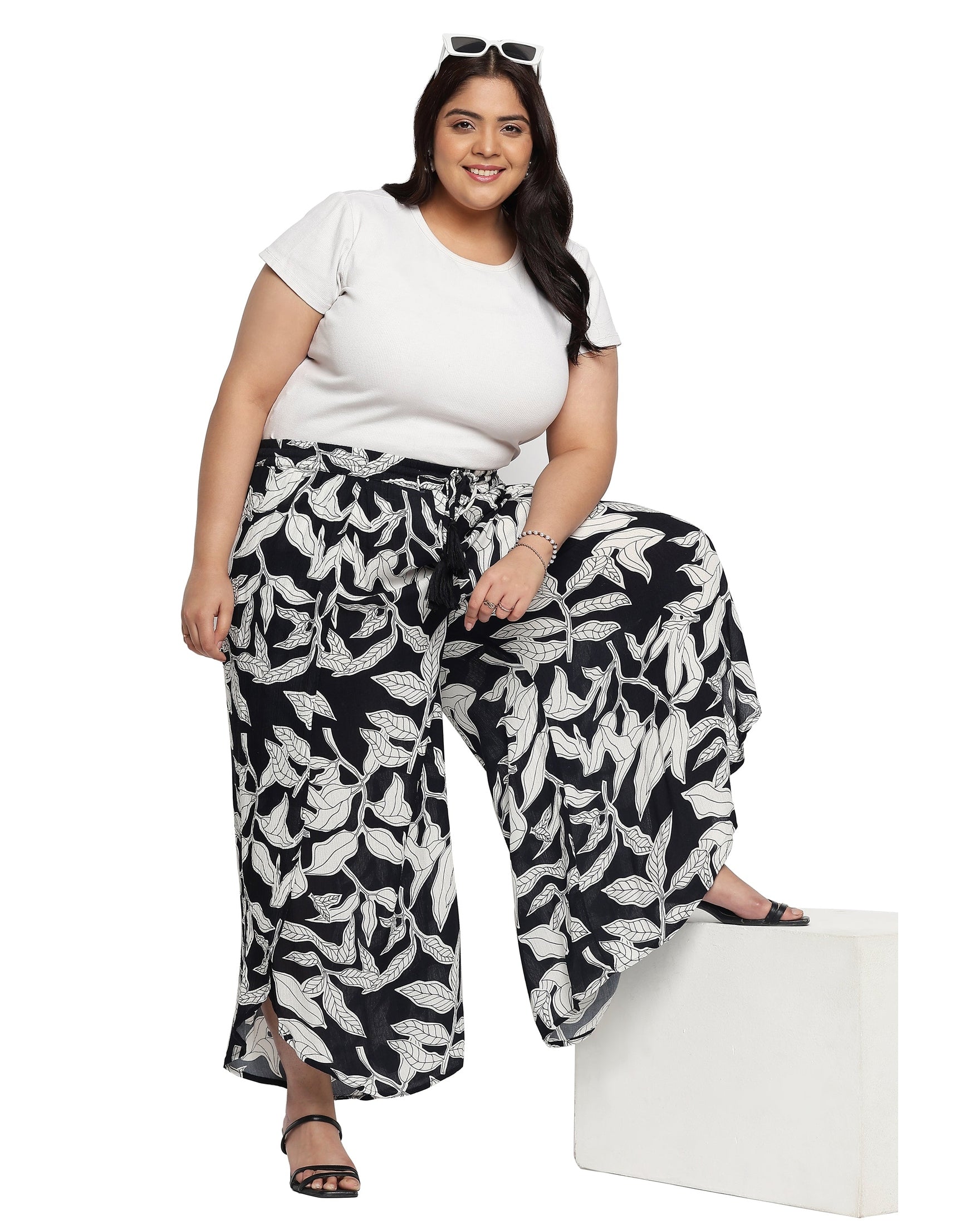 Leaf Print Black And White Rayon Crepe Pant For Women