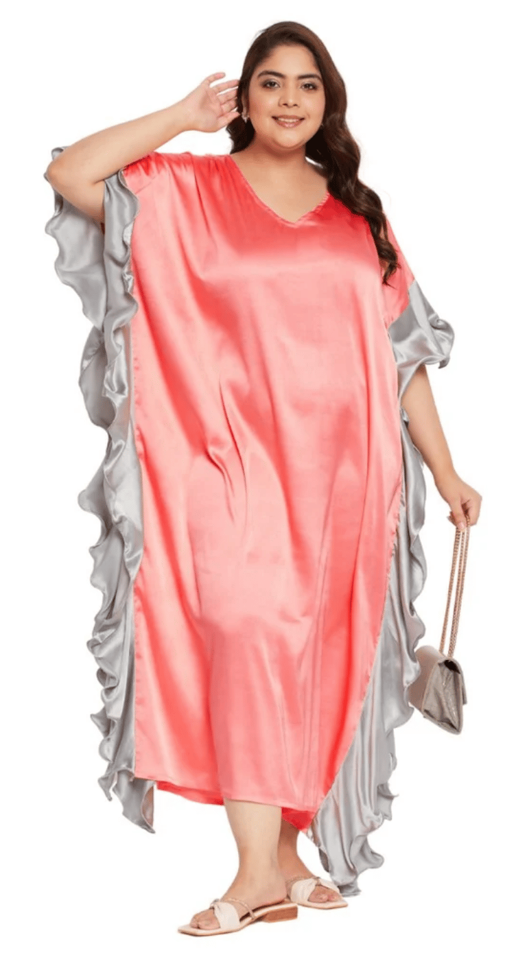 GypsieBlu Peach Plus Size Satin Kaftan Dress for Women 3/4 Sleeve 1X-3X