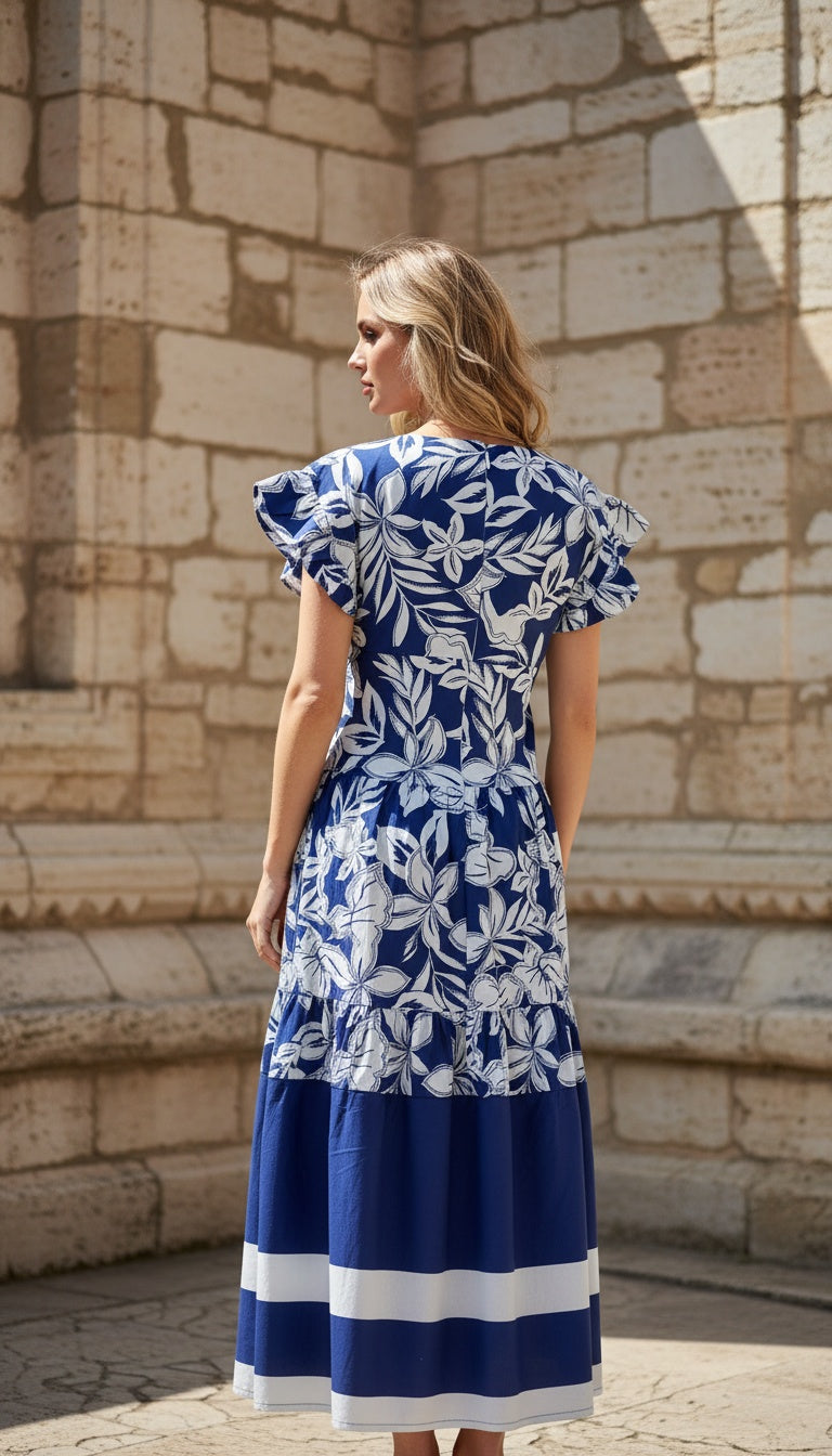 Women's Blue White Printed Cotton Midi Dress V Neck Fit Flare Boho - S M L XL - SKU RF-S26-109 S - Gypsie Blu