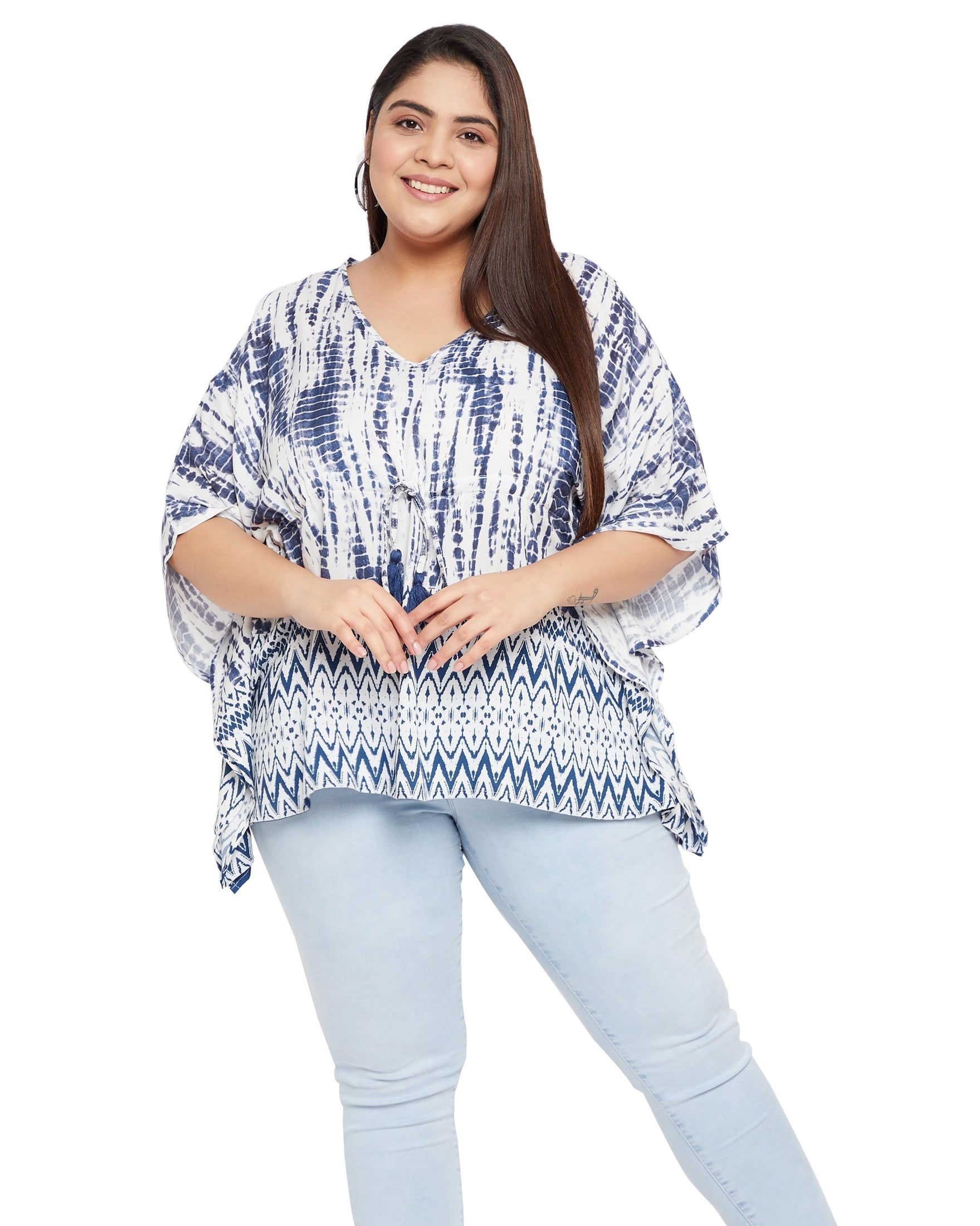 Blue Tie Dye Printed Elegant Rayon Tunic Top For Women