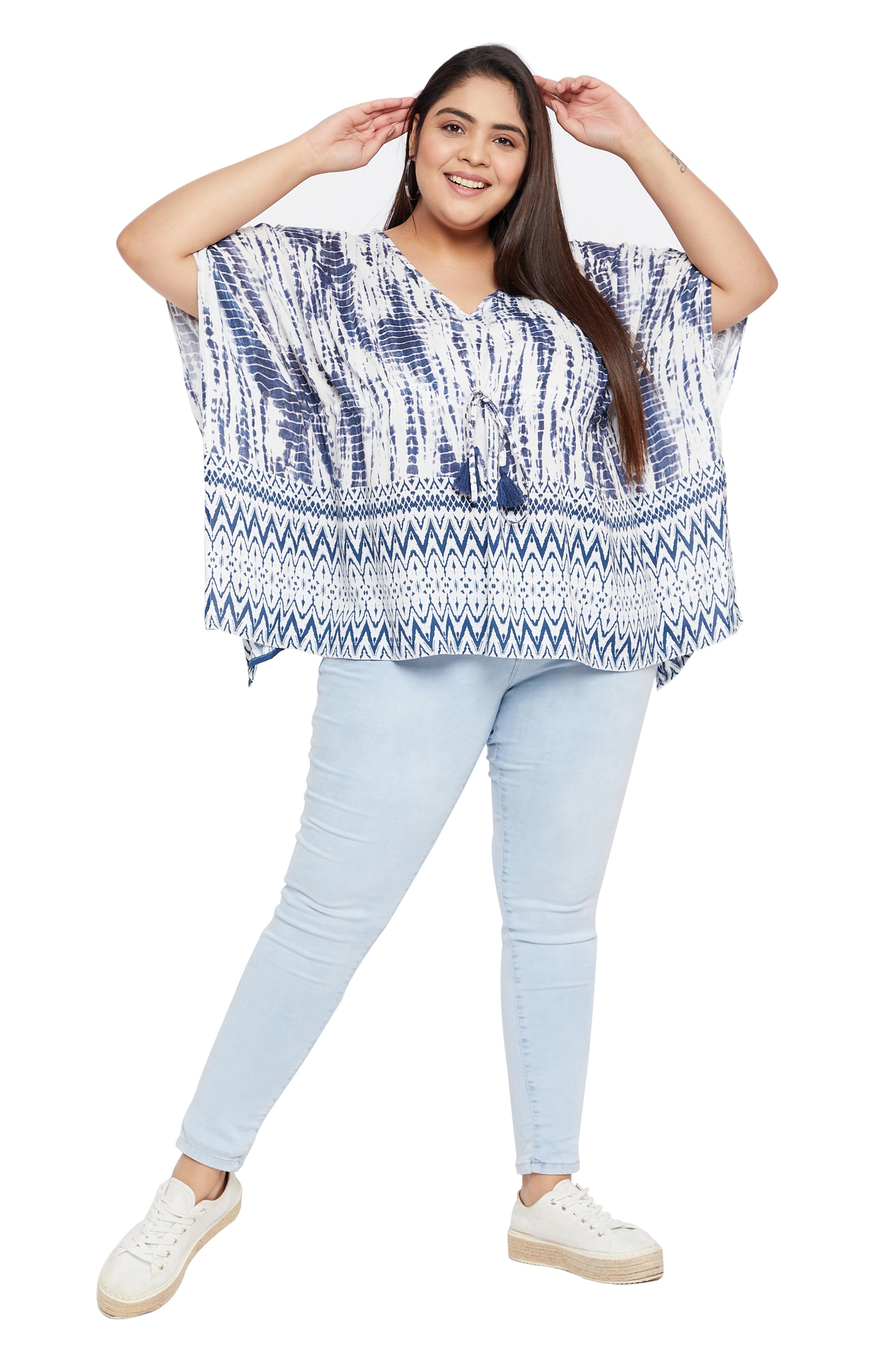 Blue Tie Dye Printed Elegant Rayon Tunic Top For Women