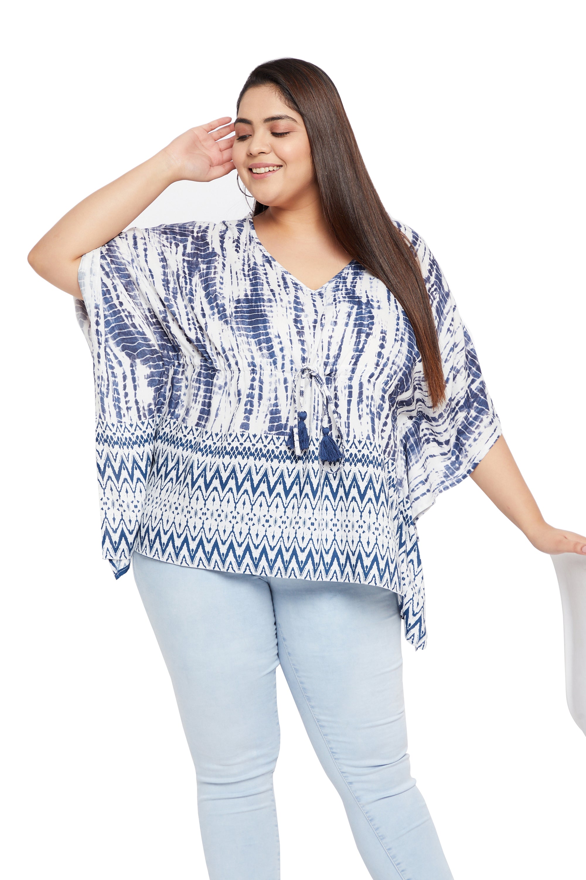 Blue Tie Dye Printed Elegant Rayon Tunic Top For Women