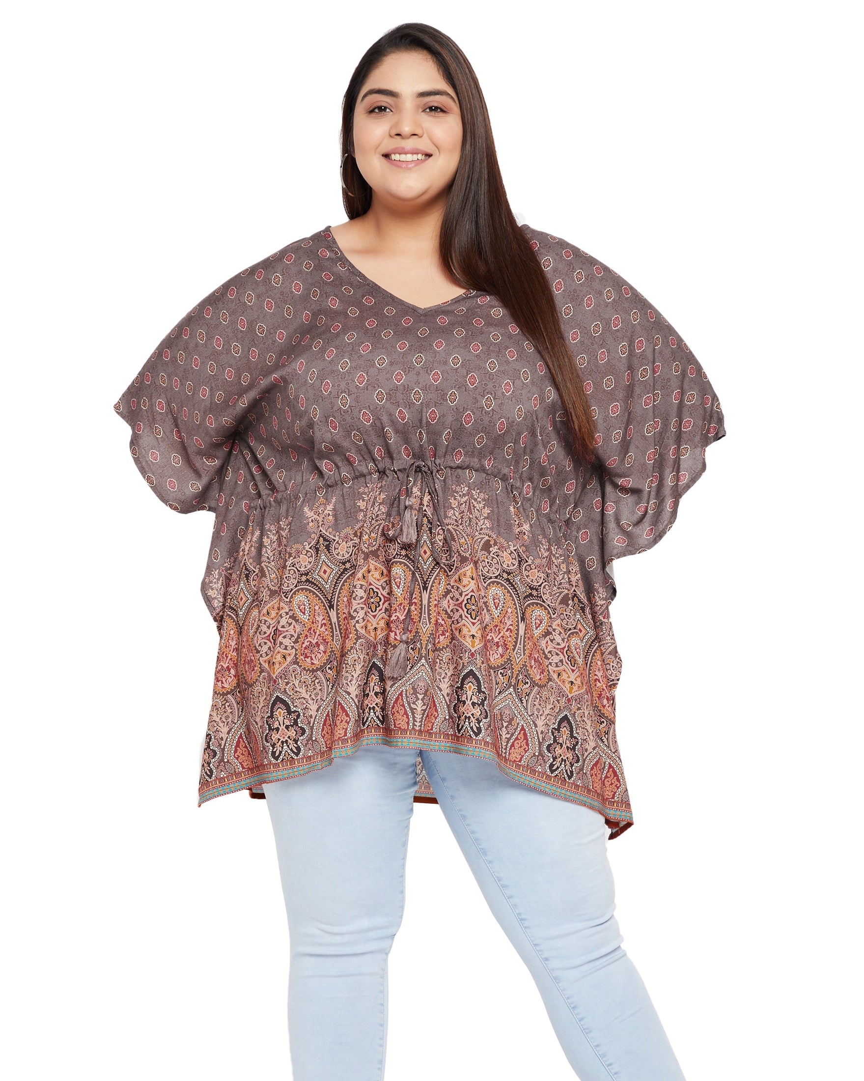 Fascinating Brown Patterned Polka Dot Rayon Tunic Top For Women