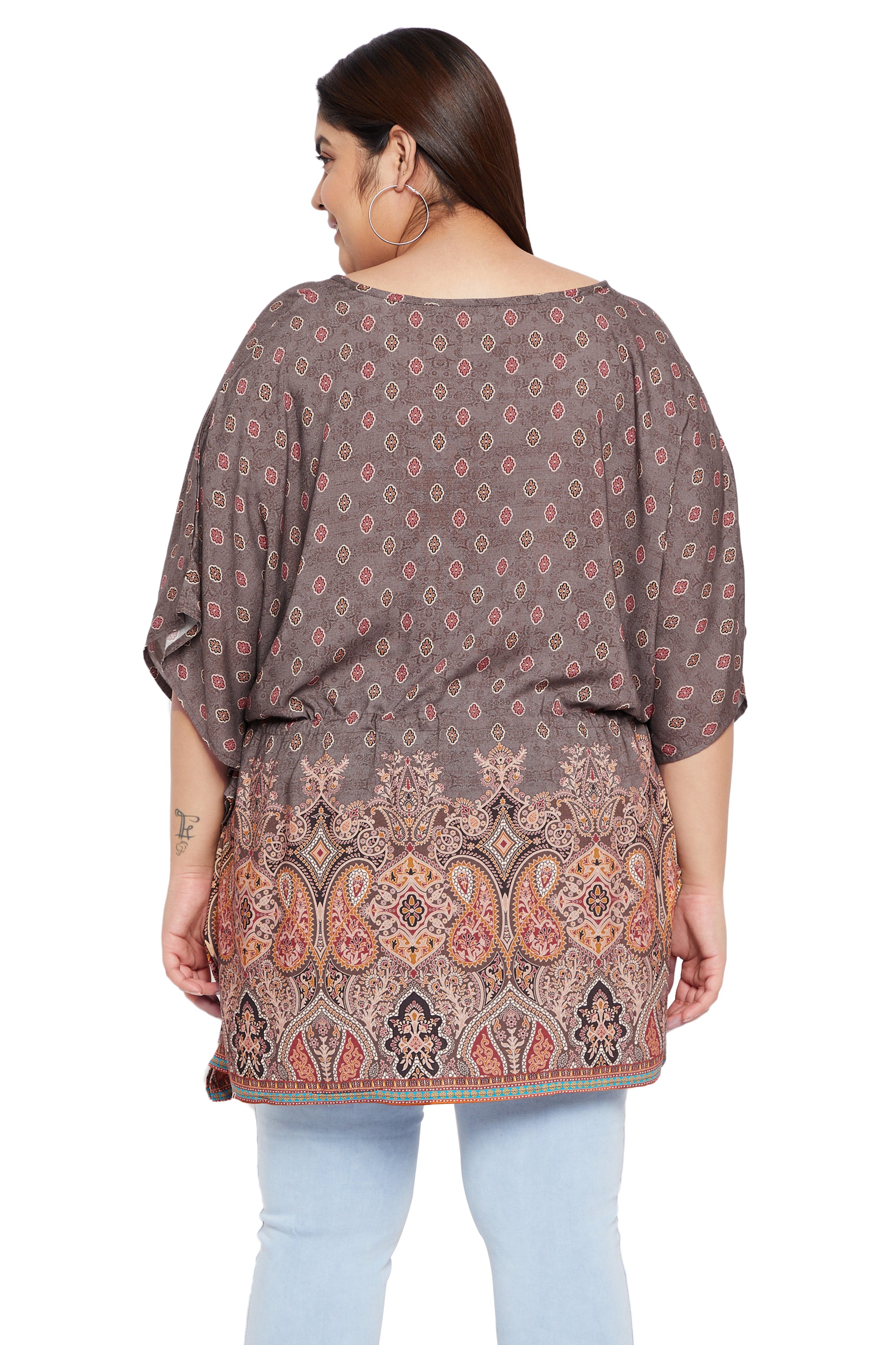 Fascinating Brown Patterned Polka Dot Rayon Tunic Top For Women
