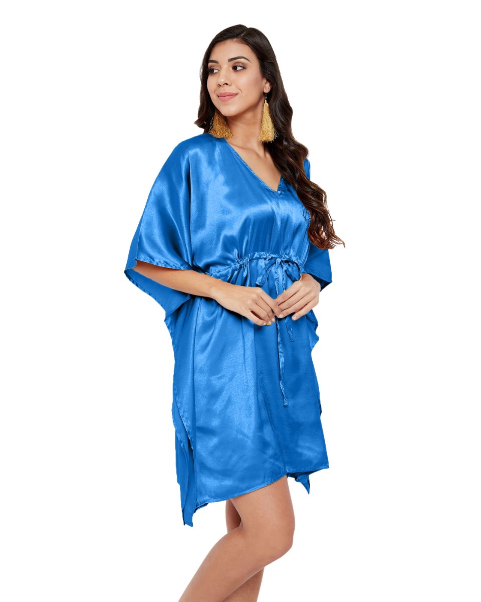 Blue Poly Satin Kimono Style Plus Size Tunic For Women