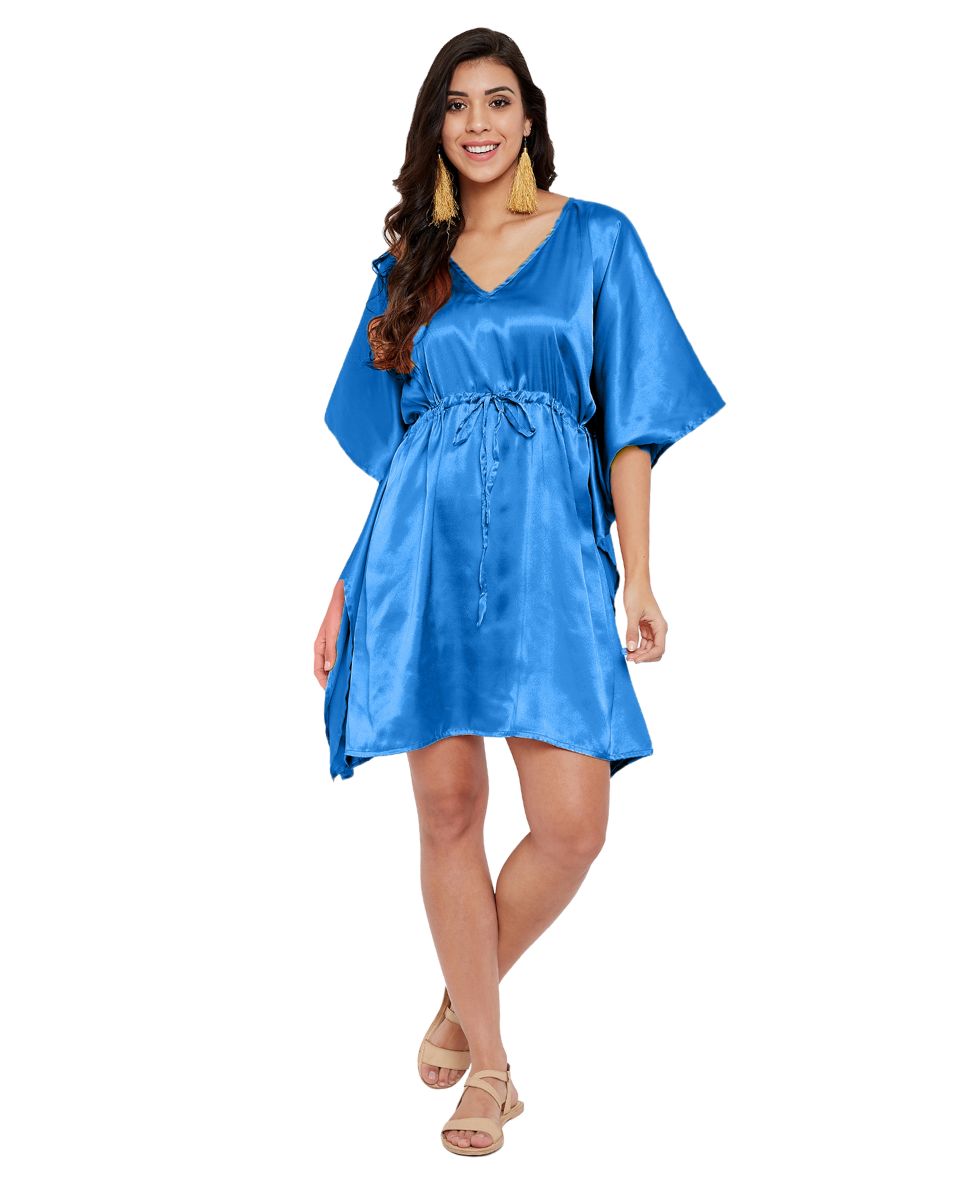 Blue Poly Satin Kimono Style Plus Size Tunic For Women