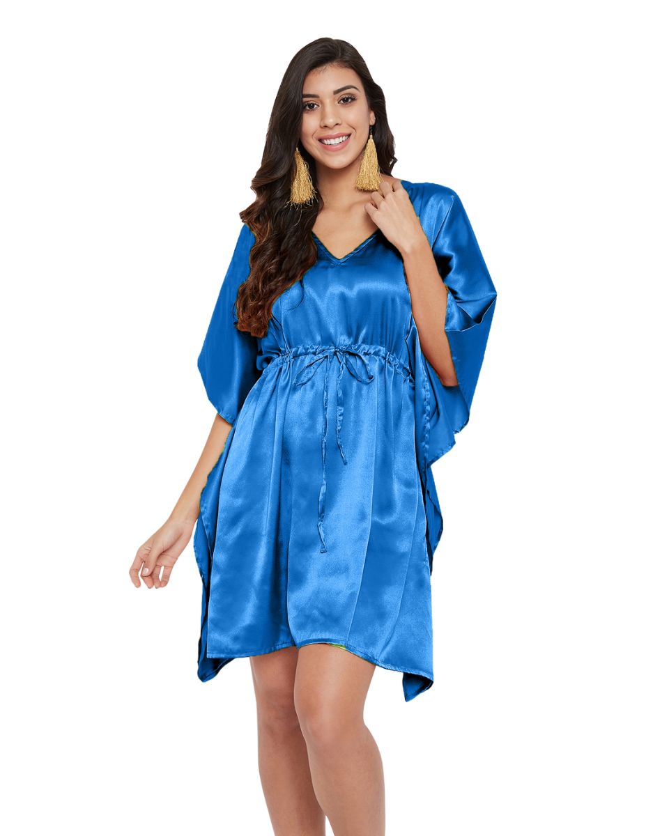 Blue Poly Satin Kimono Style Plus Size Tunic For Women