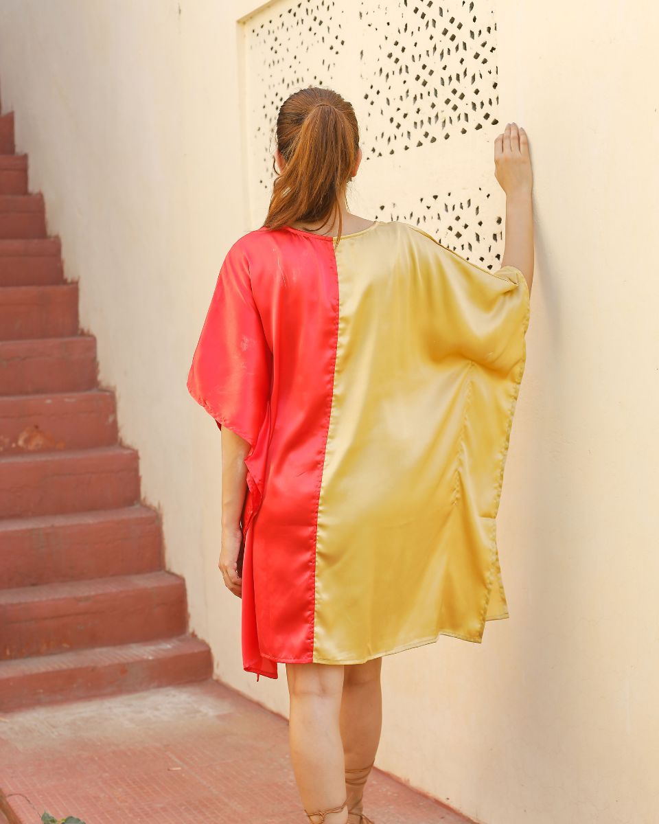 Red And Gold Color Stitching Satin Tunic For Plus Size Women