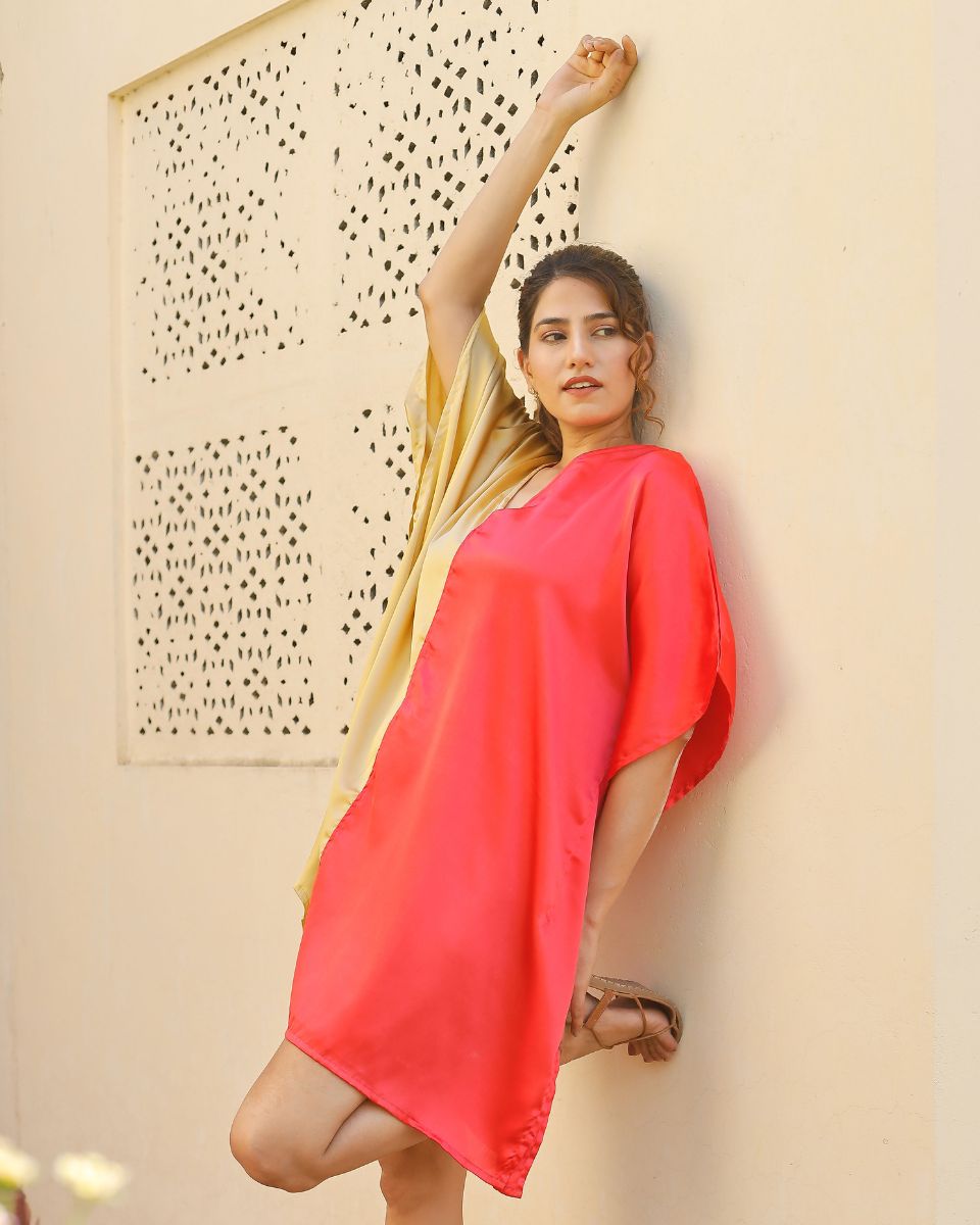 Red And Gold Color Stitching Satin Tunic For Plus Size Women