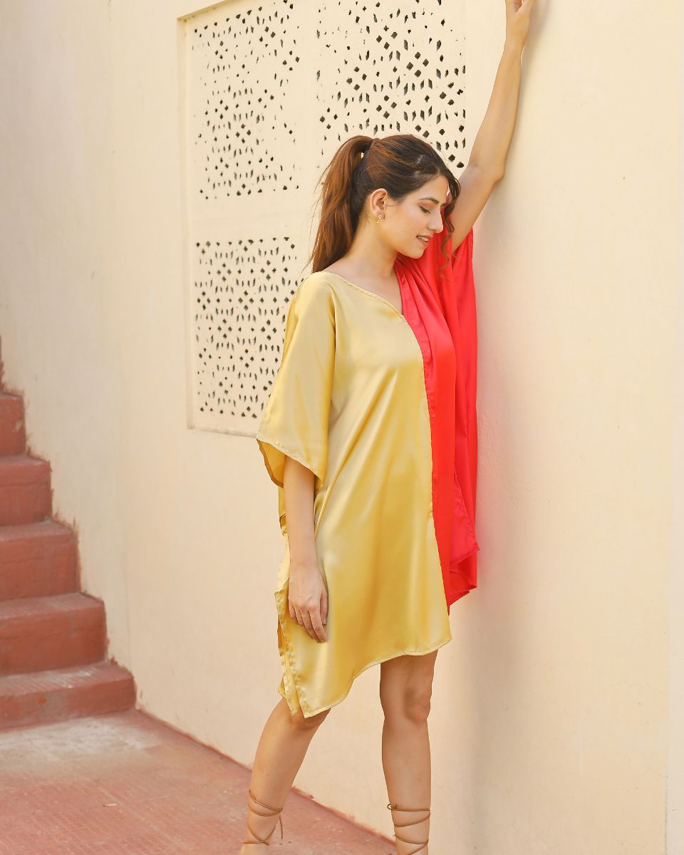 Red And Gold Color Stitching Satin Tunic For Plus Size Women