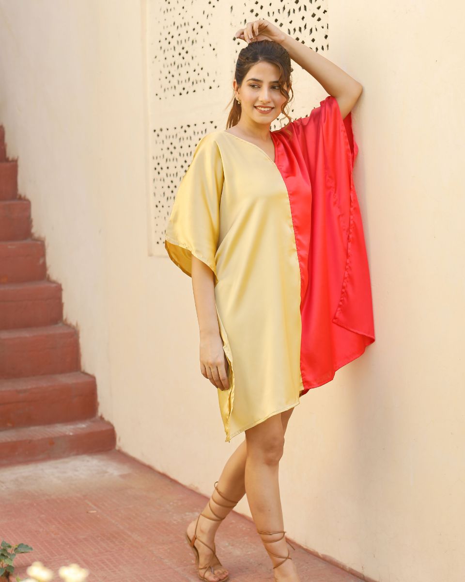 Red And Gold Color Stitching Satin Tunic For Plus Size Women