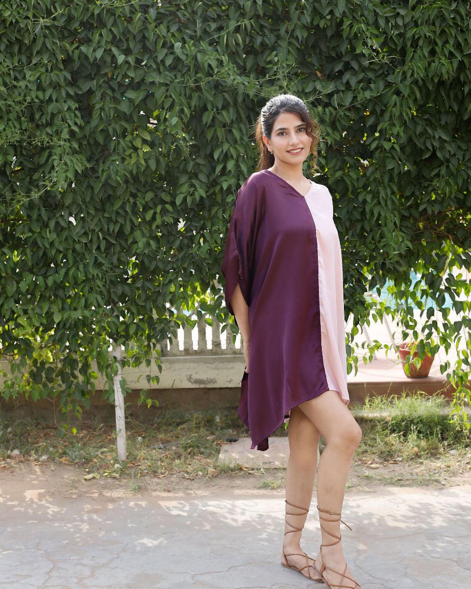 Purple And Pink Satin Kimono Sleeve Plus Size Tunic For Women