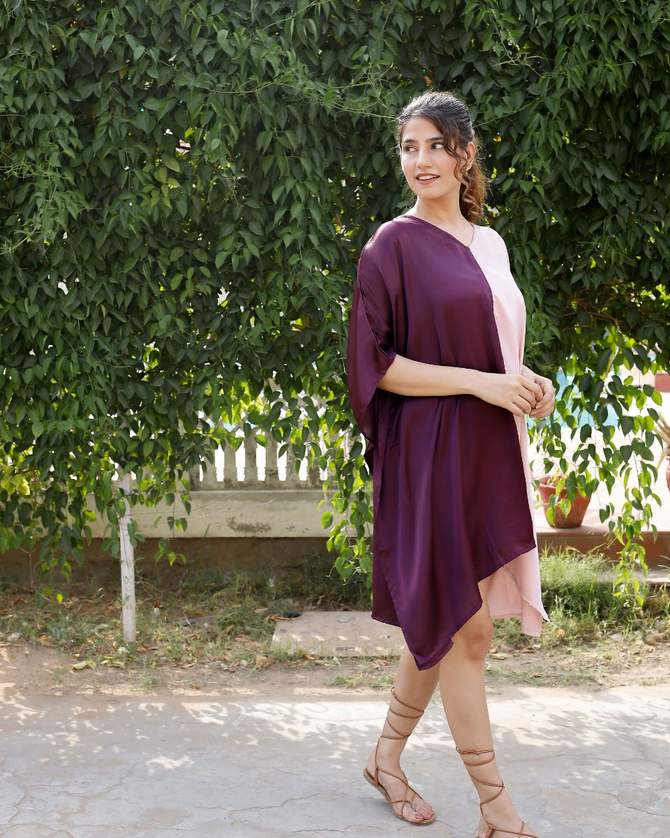 Purple And Pink Satin Kimono Sleeve Plus Size Tunic For Women