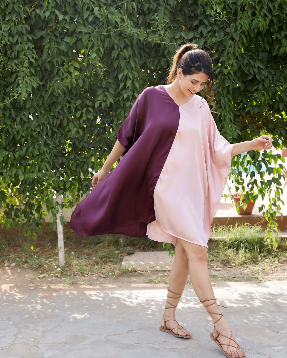 Purple And Pink Satin Kimono Sleeve Plus Size Tunic For Women